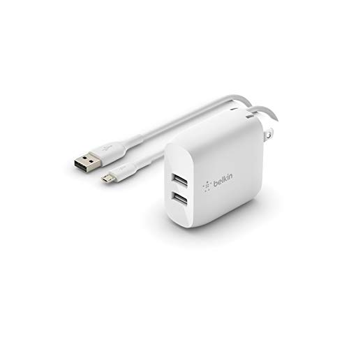 Belkin Dual Port USB Charger Block 24W - Micro USB Cable Included - iPhone Fast Charging – iPhone 17, Air, Pro, Pro Max, iPad, AirPods, Apple Watch, Samsung S25, Google Pixel 10, etc. - White