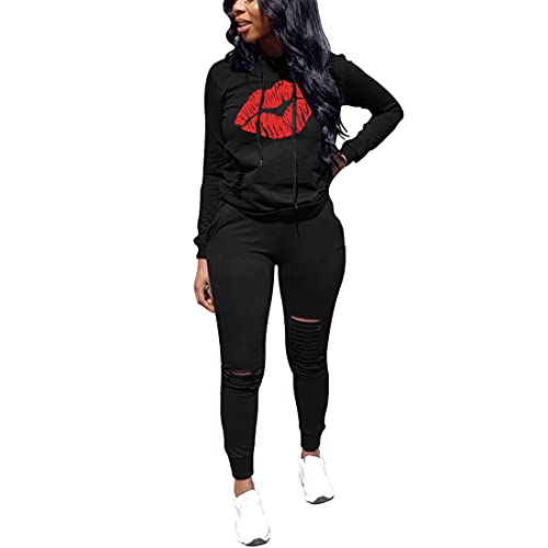 Nimsruc Two Piece Outfits For Women Summer Womens Sweatsuits Sets Casual Jogger Set Sweat Suits Tracksuit Black Red Lips L