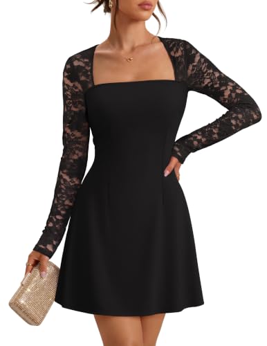 MEROKEETY Womens Lace Fall Cocktail Wedding Guest Mini Dress, Black, XL
