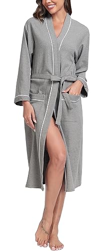 Sopesil Women Waffle Dressing Gowns, Cotton Kimono Robes Soft Luxury Bathrobe Loungewear Sleepwear Spa and Hotel for All Year A-Grey,M