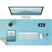Aothia Double-Sided Desk Pad 37.8"x17" Leather Desk Mat with Eco Cork Protector, Large Mouse Pad, Waterproof Desk Blotter for Office/Home Blue Topaz