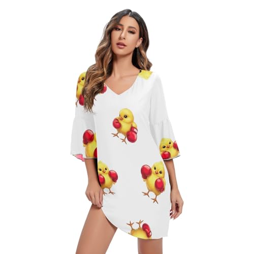 Robe swing imprimé poulets jaune avec manches 3/4 et détails rétro chic