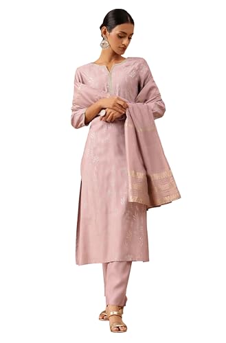 Image of Janasya Women's Lavender Silk Blend Embellished Gold Printed Straight Kurta Set