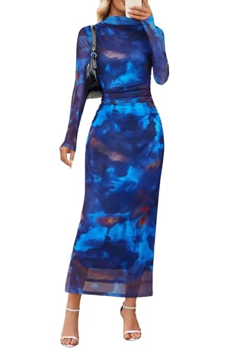 MEROKEETY Women's Long Sleeve Fall Wedding Guest Dress 2025 Bodycon Floral Mesh Ruched Cocktail Maxi Dresses, Blue, S