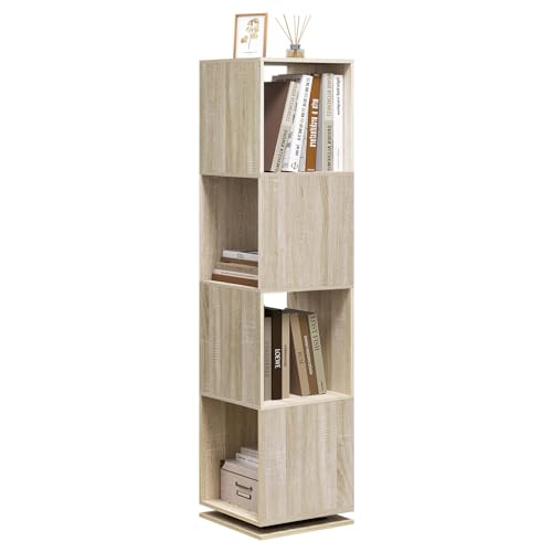 EUGAD Estanteria para Libros, Libreria Giratoria de 4 Comportamientos, Estanteria Giratoria 360°, Estanteria Almecenaje para Oficina, Salón, Habitación Infantil, Estudio, 35x35x145 cm Roble Claro