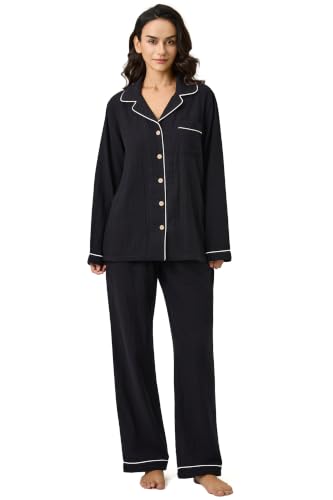 Image of BESTOUCH Womens Pajama Sets: 100% Cotton Muslin Linen Feel | Button Soft Comfy Breathable Classic Sleep Pjs 2 Piece