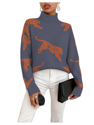 Image of WDIRARA Women's Leopard Tiger Print Sweater High Neck Long Sleeve Fuzzy Knitted Pullover Top