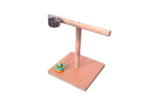 Image of Poonch Wooden Bird Training Tstand with Feeder Cup and Ring Game and Base for Budgies Cockatiel and Other Parrots