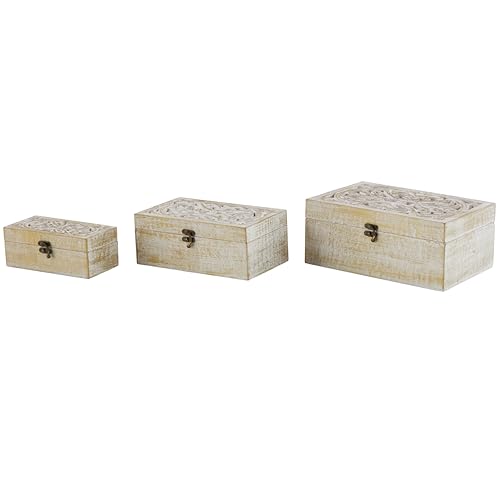 Deco 79 Mango Wood Floral Handmade Decorative Box Decorative Keepsake Boxes with Hinged Lid, Set of 3 Storage Boxes 8", 10", 12"W, White