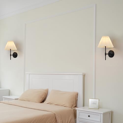 Image of Globe Electric 1-Light Wall Sconce, Matte Black, White Pleated Fabric Shade, E12 Base Socket, Candelabra Bulb, Living Room Lighting, Home Essentials, Decor, Bedroom, Mounted Bedside Lamp