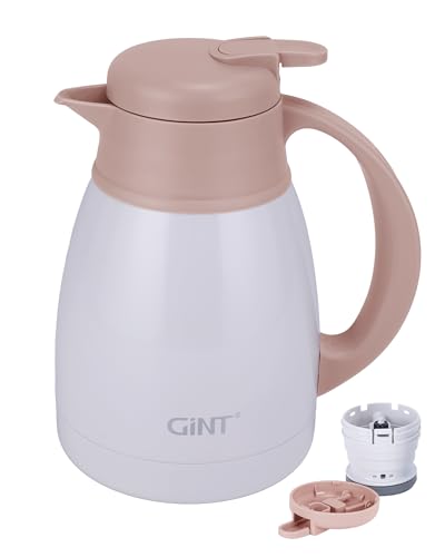 Image of GiNT Insulated Coffee Carafe 34 Oz, Small Stainless Steel Flask for Hot Coffee with Fully Washable Detachable Lid, Portable Thermal Pitcher One-Hand Push Button Tea Dispenser for Travel Camping Office