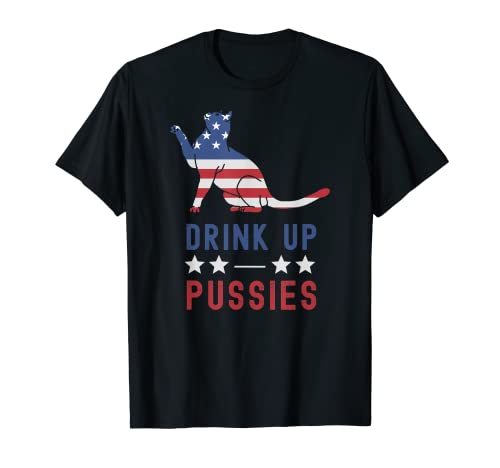 Beber hasta coños bandera de Estados Unidos 4 de julio amante de los gatos bebedor Camiseta