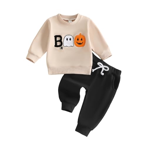 Ledy Champswiin Baby Boy Halloween Outfit Long Sleeve Sweatshirt Elastic Pants 2Pcs Halloween Toddler Clothes Set (Khaki Boo 6-12 Months)