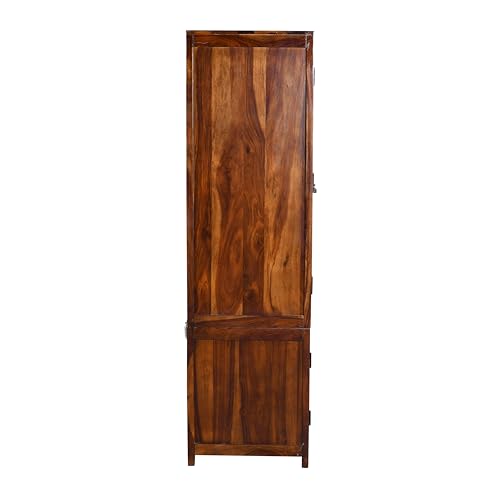Image of Cross Pattern Solid Wood 3-Door Wardrobe with Mirror in Provincial Teak Finish