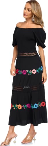 Image of Women's Summer Maxi Dress Casual Floral Embroidered Round Neck Short Sleeve Ruffle Tiered Dress Flowy Boho Beach Sundress