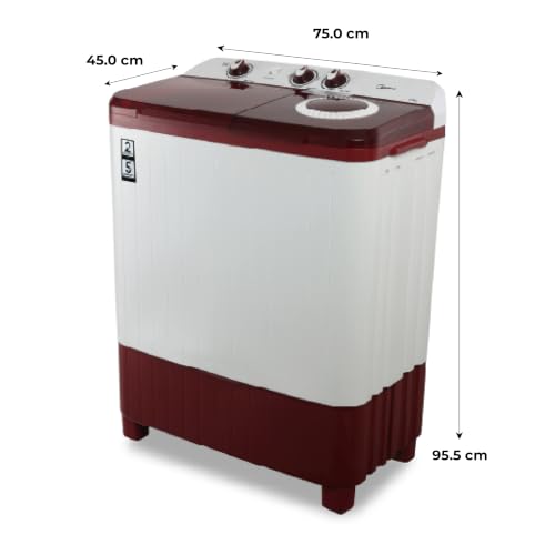 Image of Midea 7.5kg Semi Automatic Top Load Washing Machine, Collar Scrubber, Dual Wave Pulsator, 1350 RPM High-Speed Spin, Air Dry Spin Lid, Top Load Washer (MWMSA075PDX (MW), Maroon-White)