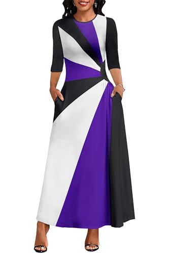 Image of Runwind Maxi Dress for Women with Ruched Waist - Semi-Formal 3 /4 Sleeve Crew Neck Long Dresses for Wedding Guest & Church