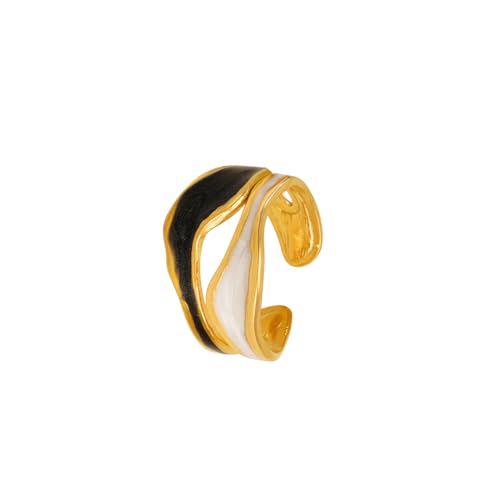Gold Open Ring for Women Black White Enamel Adjustable Rings for Man Simple Yin-Yang Wide Band Finger Ring Chunky Irregular Statement Ring Jewelry Gift (Black/White-A)