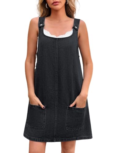 MINTLIMIT Women's Sleeveless Overall Denim Dress Crewneck 2025 Vintage Loose Casual Jean Dress with Pockets Black