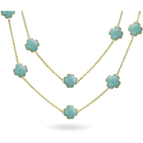 Aqua Blue Clover Long Gold Plated Necklace Cover