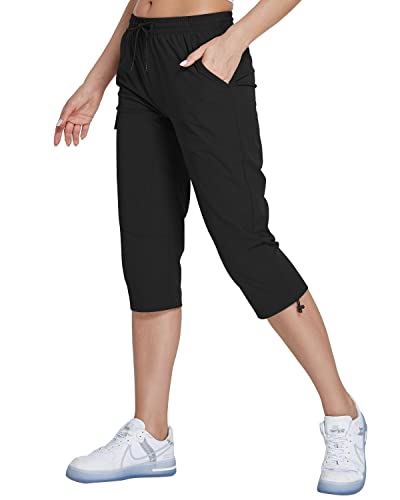 Women's Hiking Cargo Capri Pants With Zipper Pockets Casual Summer Upf 50+ Lightweight Quick Dry Water Resistant For Workout(Black-M) #TOP1