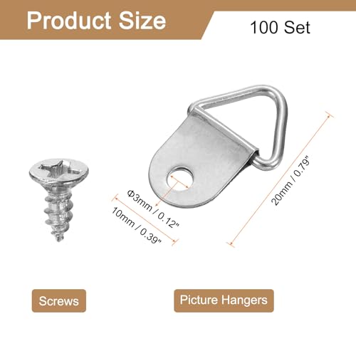Image of uxcell 100Pcs Picture Hangers, Triangle Ring Picture Frame Hook, Frame Backing Fasteners with 100 Pcs Screws for Hanging Clock Paintings Pictures, Silver
