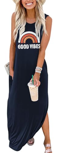 Image of Womens Good Vibes Rainbow Sleeveless Funny Grapic Maxi Dress Summer Casual Letter Tank Dresses with Pockets