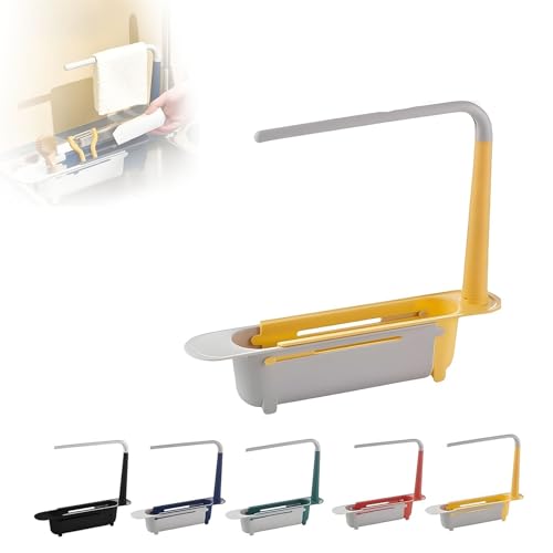 Onwddarefy Sink Storage Rack Telescopic, Updated Telescopic Sink Storage Rack, Under Kitchen Sink Accessories Adjustable Length, Multipurpose Kitchen Sinks Organizer for Sponge, Brushes(Yellow)