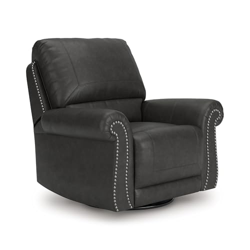 Image of Signature Design by Ashley Shadsburne Classic Faux Leather Manual Rocker Swivel Glider Recliner with Nailhead Trim, Reinforced Frame and Metal Seat Box, 360-Degree Swivel, Black