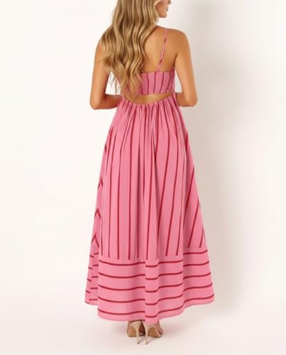 Image of chouyatou Women's Striped Back Smocked Maxi Dress Sexy Spaghetti Strap Cut Out Flowy Swing Long Dress
