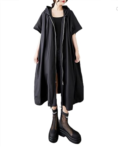ellazhu Women's Coat Hooded Zip Up Solid Short Sleeve Straight Hem Casual Maxi GZ515 A