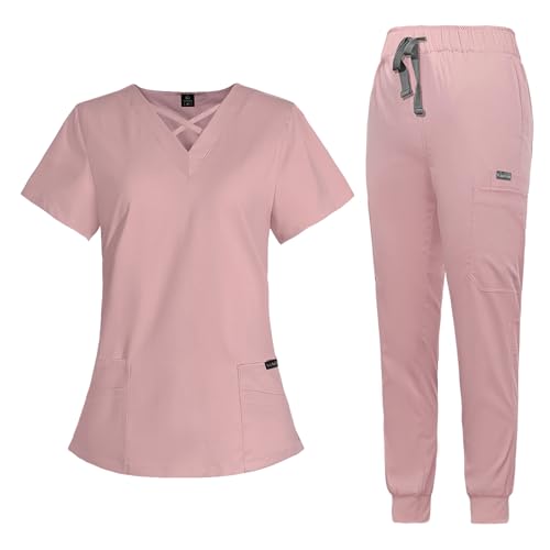 Image of VIAOLI Scrubs for Women Set Modern V-Neck Top & 8 Pocket Jogger Pants Nursing Uniform Solid Stretch Workwear