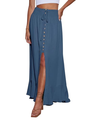 Image of Minclouse Women's Elastic Tie Waist Button Down Maxi Skirts Casual Loose Flowy Swing Slit Front Dress