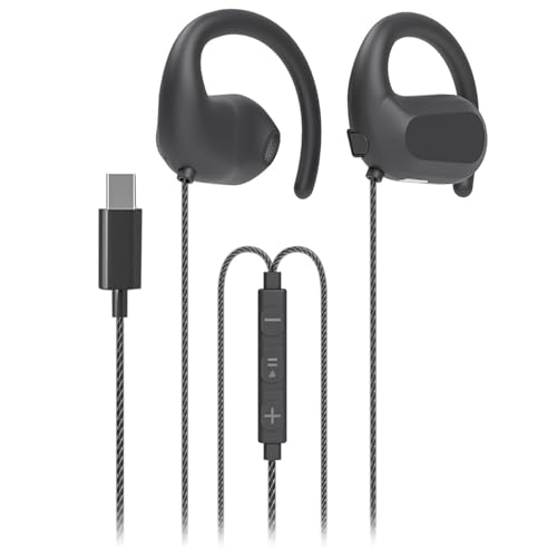 fesoklaf Auriculares de oído abierto con cable USB C con ganchos para las orejas, auriculares para correr con micrófono y control en línea, conducción de aire, auriculares estéreo con cable para