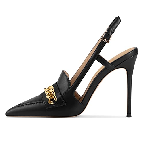 XYD Women Office Ladies Metal Chain Slingback Pumps Pointed Toe High Heel Sandals Stiletto Heeled Cutout Slip On Dressy Party Shoes2