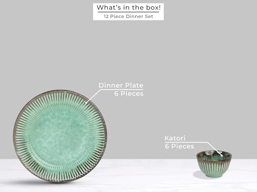Image of Bodhi House Premium 12-Piece Stoneware Dinner Set Serving for 6 - Handcrafted Ceramic Plates, Bowls & Serving Bowls | Microwave & Dishwasher Safe | Elegant Modern Tableware Crockery Turquoise Green