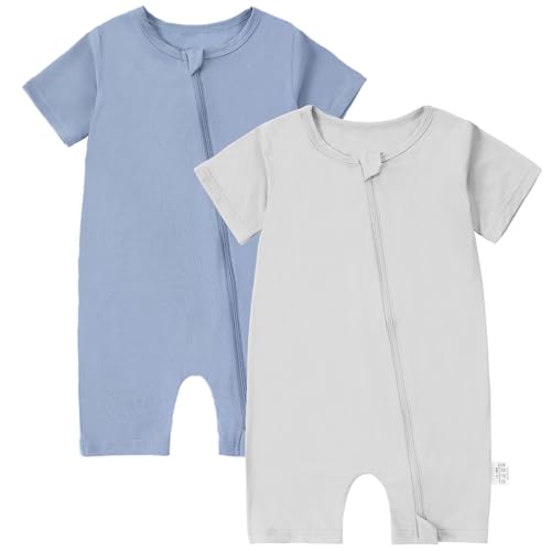 Image of BETTERFUN 2 Pack Baby Romper Short Sleeve Spring Summer Unisex Toddler Bamboo Viscose Onesie 12-18 Months, Blue/Grey