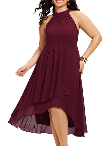 Image of Ever-Pretty Plus Women's Sleeveless Halter A Line Pleated High Low Plus Size Wedding Guest Cocktail Dresses 31926-DA