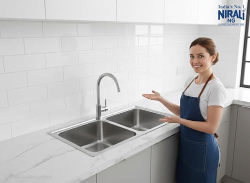 Image of Nirali Kitchen Sink Double Bowl 41 inch x 20 inch 304 Grade Stainless Steel | Sound Proof Double Bowl Kitchen Sink with Waste Coupling Graceful Glory (Matt Finish, 41 inch x 20 inch)