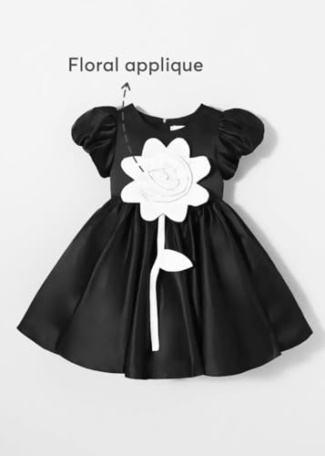 Image of Buy & Try Girls Satin Rose Flowered Frock Dress, Puff Sleeves, Knee Length Elegant Occasion Outfit