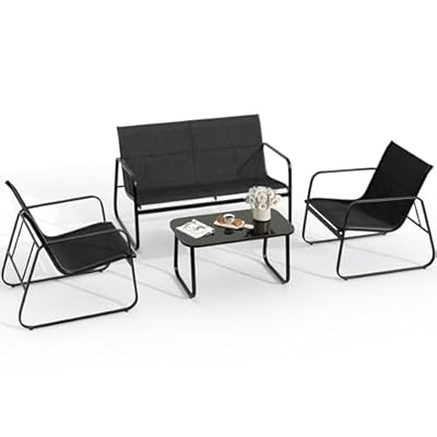 YITAHOME 4 Piece Patio Furniture Set, Small Backyard Bistro Chairs, Loveseat and Glass Table, Textilene Outdoor Conversation Set for Lawn, Garden, Balcony, Poolside (Black)