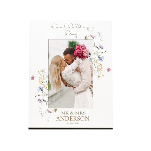 Personalised Wedding Day Photo Frame Wildflower Design Engraved Finish 6x4 Inch Portrait or Landscape Wall Hanging Keepsake Gift