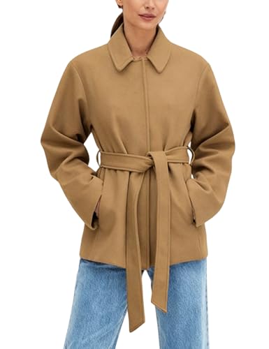 Image of UANEO Coat for Women Wool Blend Short Peacoat Overcoat Button Tie Belt Winter Pea Coat with Pockets (Khaki-S)