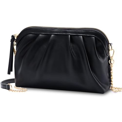 VASCHY Clutch Purse for Women,Fashion Ruched Vegan Leather Small Formal Evening Handbag Crossbody Shoulder Bag Wedding,Party Black