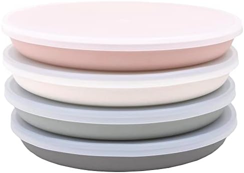 WeeSprout Bamboo, Silicone, Melamine Dishware Plate with Lids, Set of 4, Kid-Sized Design for Leftovers, Dishwasher Safe (Pink, Green, Gray, and Beige)