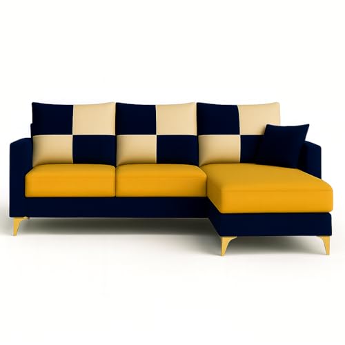Image of CASASTYLE Brogan 4 Seater Fabric RHS L Shape Sofa Set (Yellow-Dark Blue) in Premium Velvet Finish | Durable Comfort | Ideal for Living Room