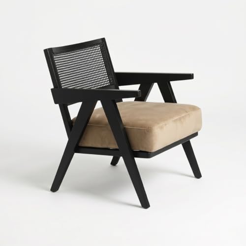 Image of Kingsman Furnitures ABEL Rattan Teak Wood Accent Arm Chair for Home Bedroom, Living, Dining, Drawing Room | Ultra Soft and Comfortable for Stress Free | Removable Cushion (Black Cane- Beige Velvet)