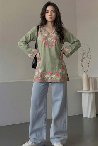 Buy ANNI Designer Short Kurti Women Viscose Embroidered Green - Image 3