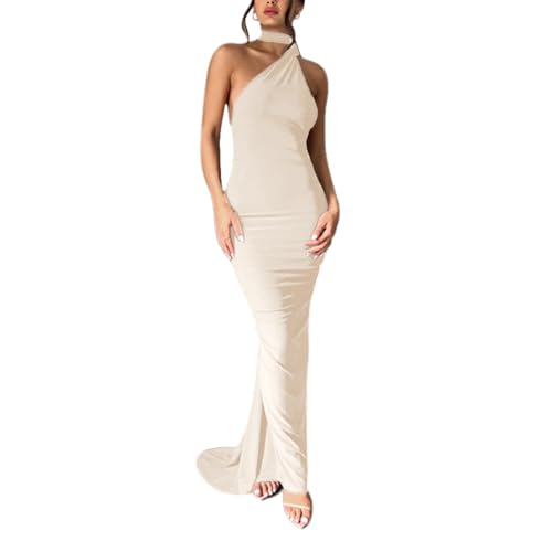 Image of Suillty Women's Sexy Oblique Shoulder Backless Maxi Dress Ruched Back Strap Sleeveless Party Club Long Dresses Bodycon
