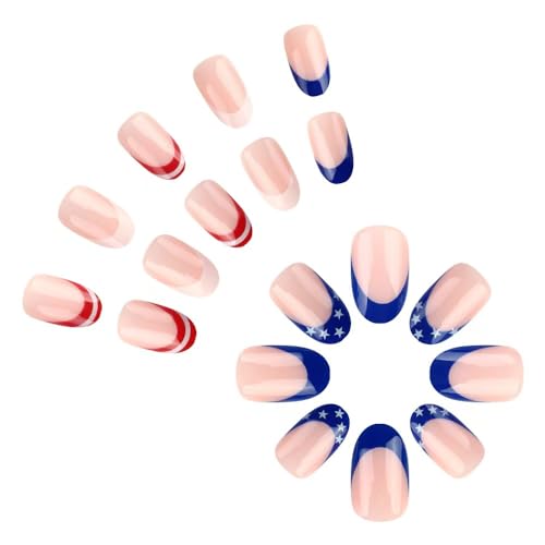 Image of Independence Day Press on Nails French Tip Fake Nails Short Almond False Nails with Star Design Glossy Glue on Nails Artificial Acrylic Full Cover Nude Stick on Nails for Women Girls Manicure 24Pcs
